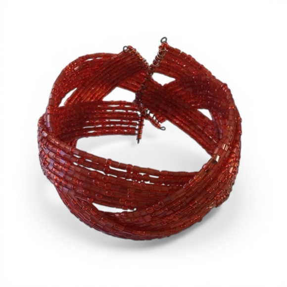 Twisted Flexible Seed Bead Braided Cuff Bracelet – Red - Picture 8 of 11